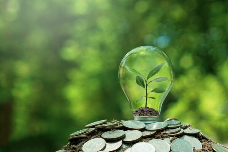 Small tree planted in light bulb on coin with nature background. Saving energy and eco concept.