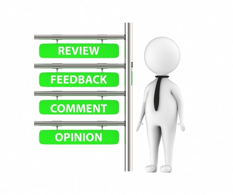 Stylised model of human standing next to signpost saying review, feedback, comment, opinion.